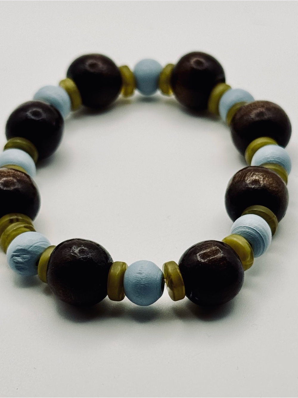 Wooden Bead Stretch Bracelet in Dark Brown, Light Blue, Olive